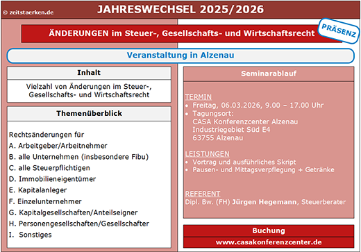 6000 2026 Jahreswechsel – CASA – 520 Das Jahreswechselseminar mit Herrn Hegemann findet am 13.02.2025 statt
